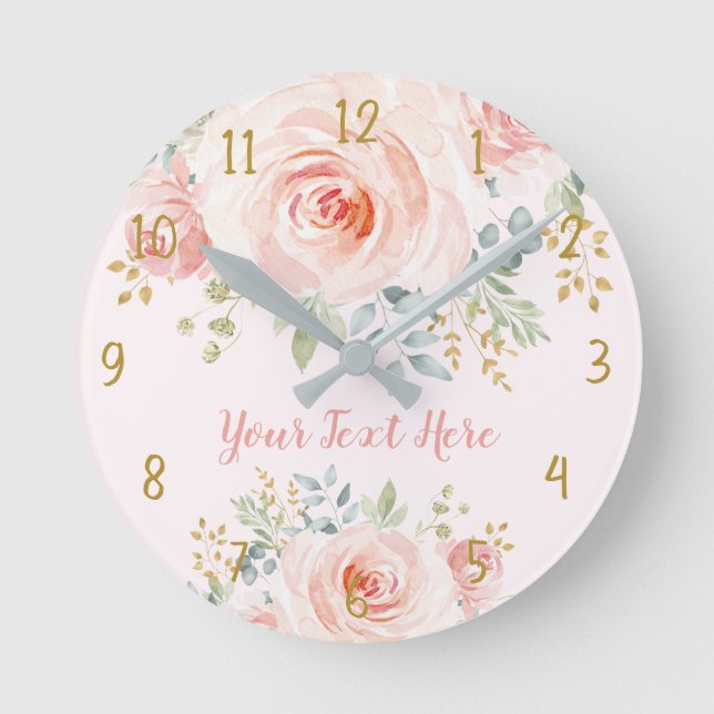 Hübsch Blush Pink Gold Rose Bloral Runde Wanduhr (Vorderseite)