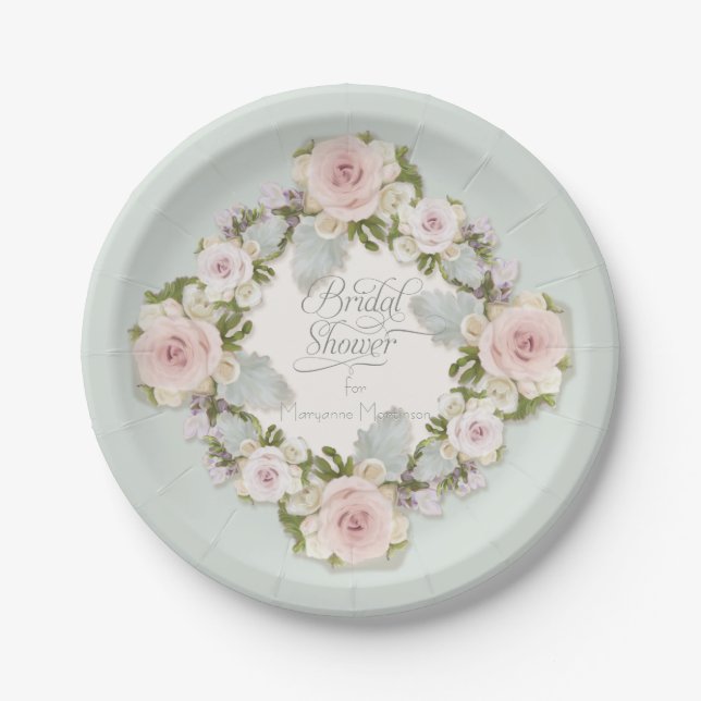 Hübsch Blush Pink Roses w Succulent Blätter Bridal Pappteller (Vorderseite)