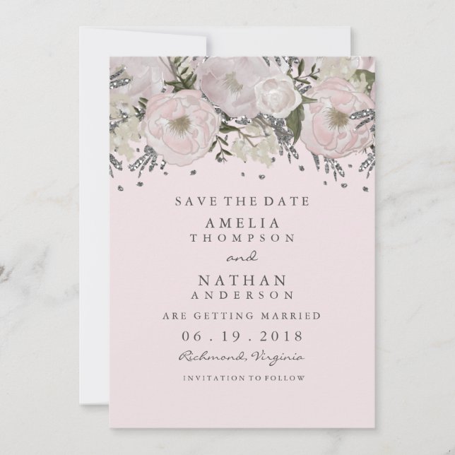 Hübsch Blush Pink Silber Save the Date florieren (Vorderseite)