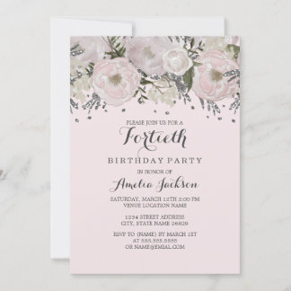 Hübsch Blush Pink Silver Floral 40. Geburtstag Einladung
