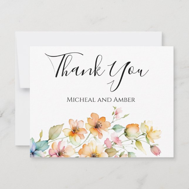 Hübsch Boho Orange Pink Aquarell Wildblumen Dankeskarte (Vorderseite)