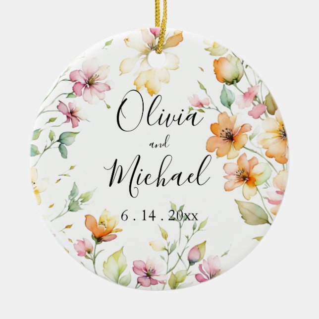 Hübsch Boho Orange Pink Aquarell Wildblumen Keramik Ornament (Vorne)