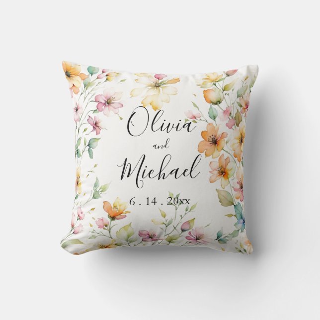 Hübsch Boho Orange Pink Aquarell Wildblumen Kissen (Vorderseite)