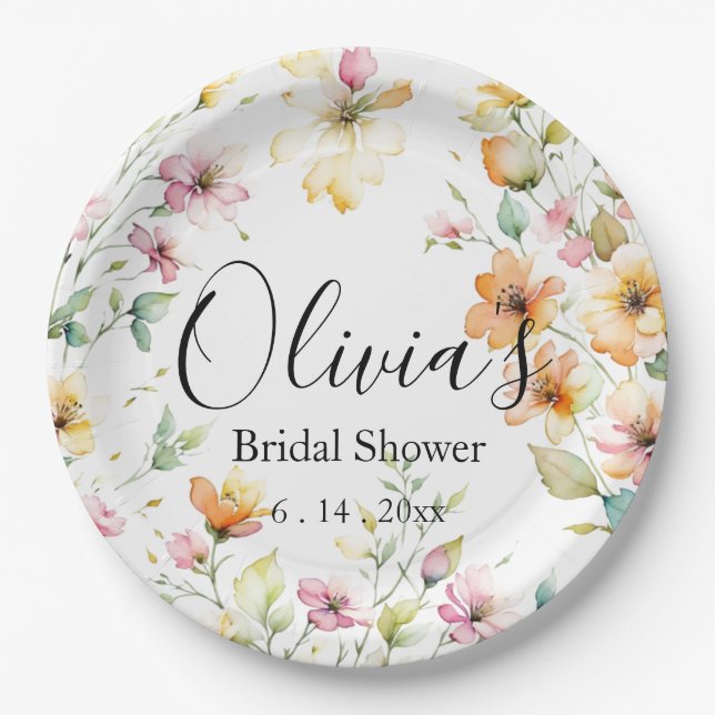 Hübsch Boho Orange Pink Aquarell Wildblumen Pappteller (Vorderseite)