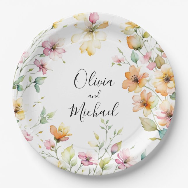 Hübsch Boho Orange Pink Aquarell Wildblumen Pappteller (Vorderseite)