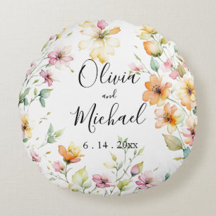Hübsch Boho Orange Pink Aquarell Wildblumen Rundes Kissen