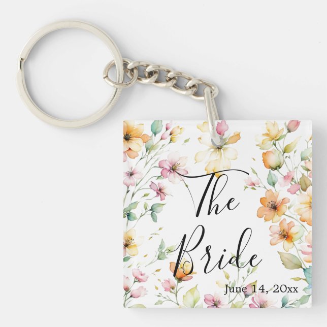 Hübsch Boho Orange Pink Aquarell Wildblumen Schlüsselanhänger (Vorderseite)