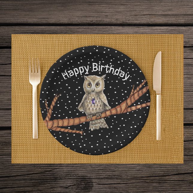 Hübsch Brown Birthday Owl Crystal Necklace Black Pappteller (Brown owl pretty eyes on branch in black night sky white stars crystal necklace paper party plates.)