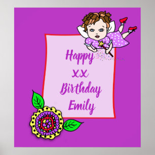 Hübsch Brown Hair Fairy Girl Happy Birthday Poster