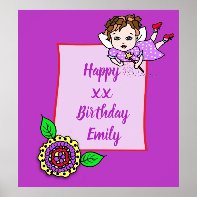 Hübsch Brown Hair Fairy Girl Happy Birthday Poster (Vorne)