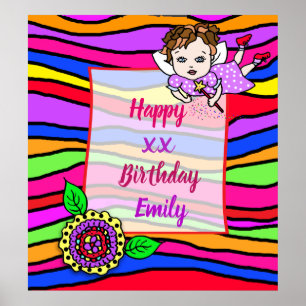 Hübsch Brown Hair Fairy Girl Happy Birthday Poster