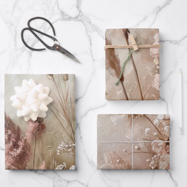 Hübsch Chic Beige Blush Boho Floral Geschenkpapier Set (Vorderseite)