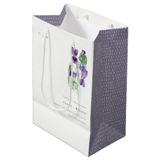 Hübsch Chic Monogram Violet Floral Bunch Hochzeit Mittlere Geschenktüte (Vorderseite Schrägansicht)