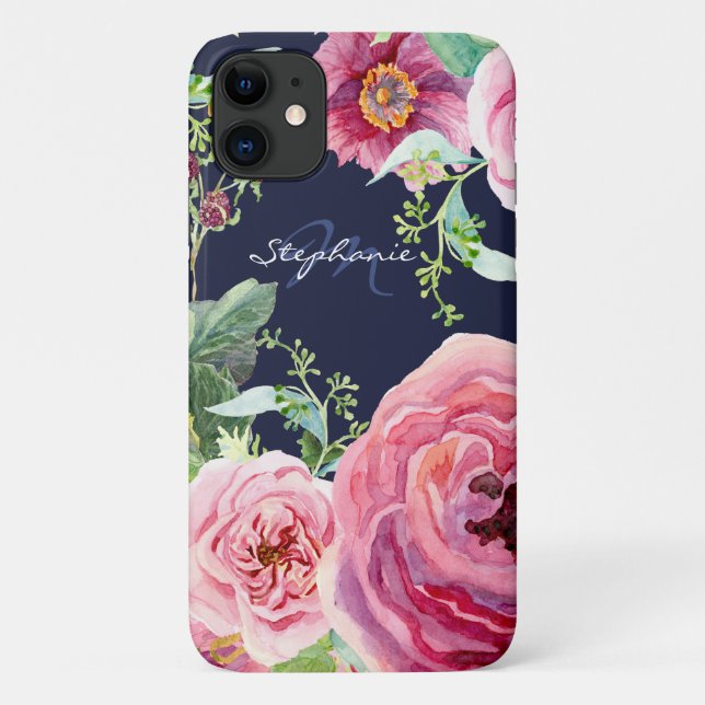Hübsch Chic Navy Blue Pink Peony Floral Wasserfarb Case-Mate iPhone Hülle (Rückseite)