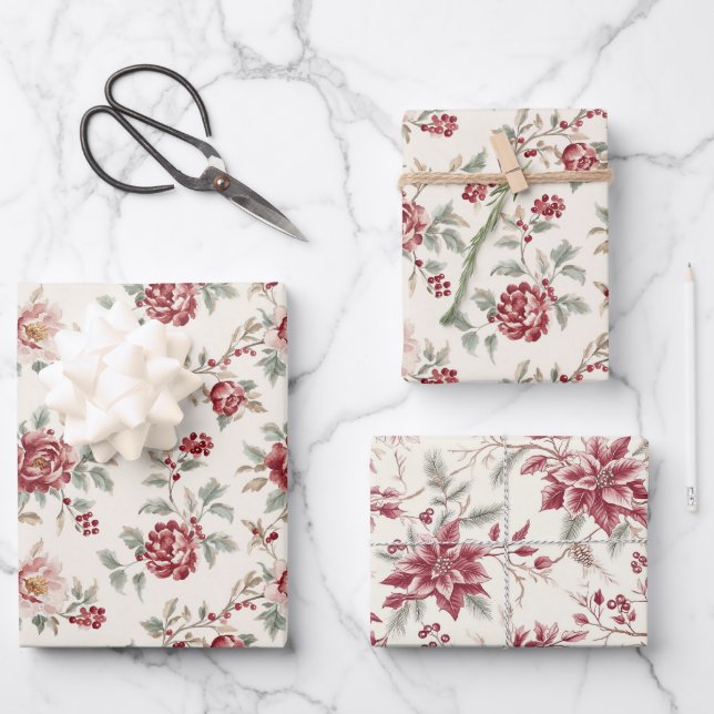Hübsch Chic Rote Creme Blumen Geburtstag  Geschenkpapier Set (Vorderseite)