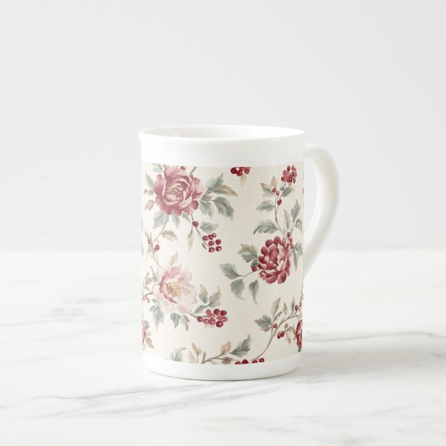 Hübsch chic rote Creme Blumen   Prozellantasse (Vorderseite Rechts)