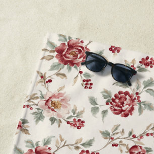 Hübsch Chic Rote Creme Blumen  Strandtuch