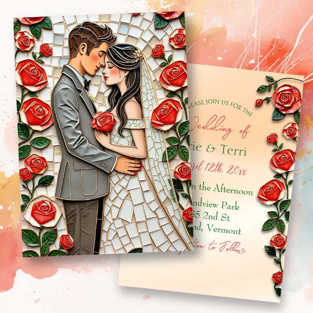 Hübsch Coral Rose Mosaik Mr. and Mrs. Wedding Einladung (Von Creator hochgeladen)