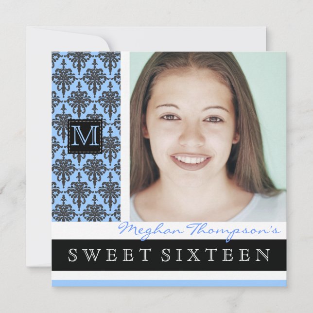 Hübsch Damask Monogramm Sweet 16 Party Einladung (Vorderseite)