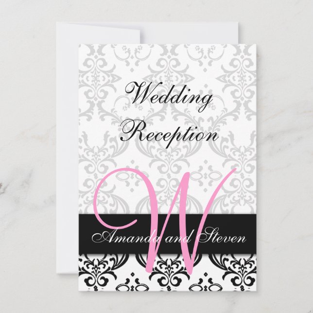 Hübsch Damask Pink Monogram Hochzeitsempfehlung Einladung (Vorderseite)