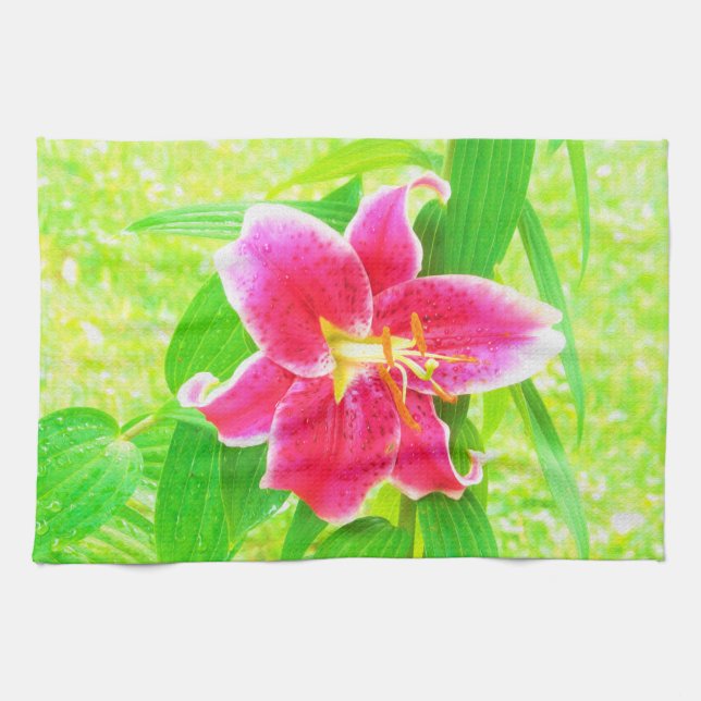 Hübsch Deep Pink Stargazer Liuon on Lime Green Geschirrtuch (Horizontal)