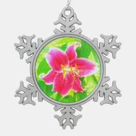 Hübsch Deep Pink Stargazer Liuon on Lime Green Schneeflocken Zinn-Ornament