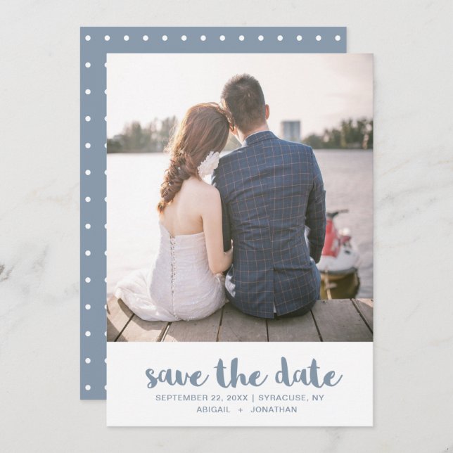 Hübsch Dusty Blue Polka Dots Foto Hochzeit Save The Date (Vorne/Hinten)