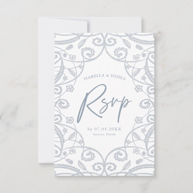 Hübsch Dusty Blue Silver Glitzer Lace Wedding RSVP (Vorderseite)