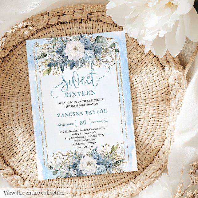 Hübsch Dusty Blue White Gold Blume Sweet 16 Einladung (Pretty Dusty Blue White Gold Flowers Sweet 16 Invitation)
