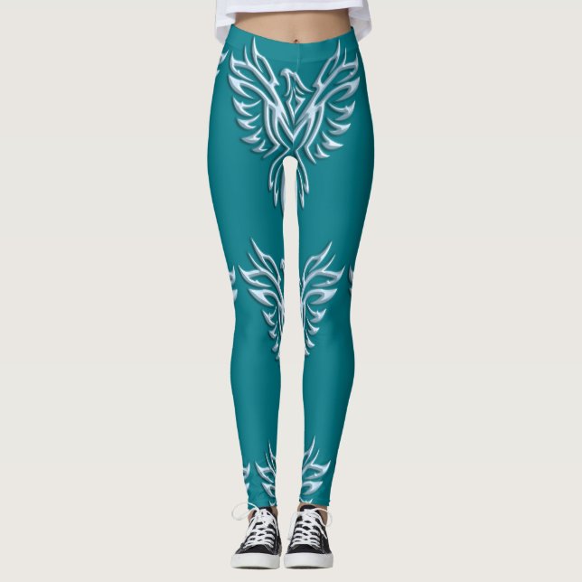 Hübsch eisblaue metallische Optik Phoenix auf Aqua Leggings (Vorderseite)