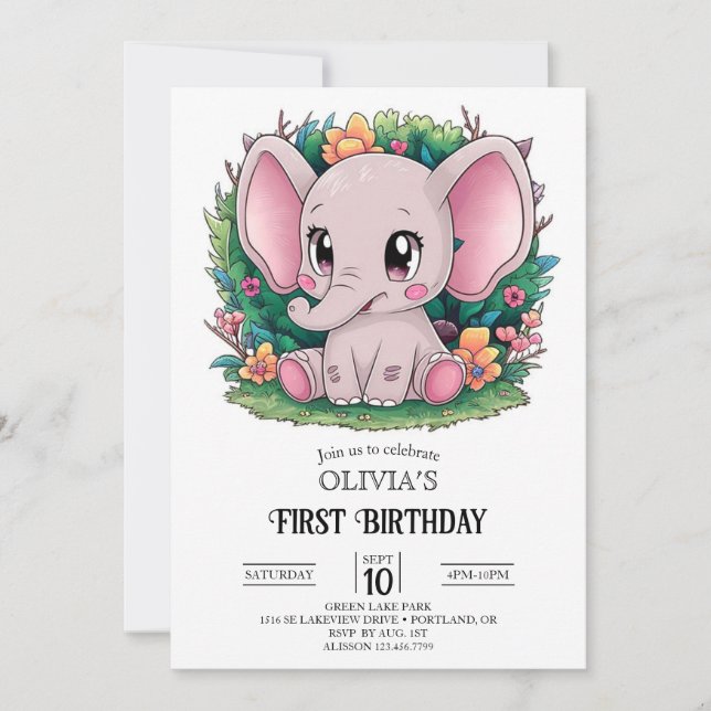 Hübsch Elefant 1. Geburtstag digital Einladung (Vorderseite)