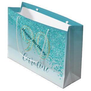 Hübsch Falling Aquamarin Blue Glitzer 90. Geburtst Große Geschenktüte