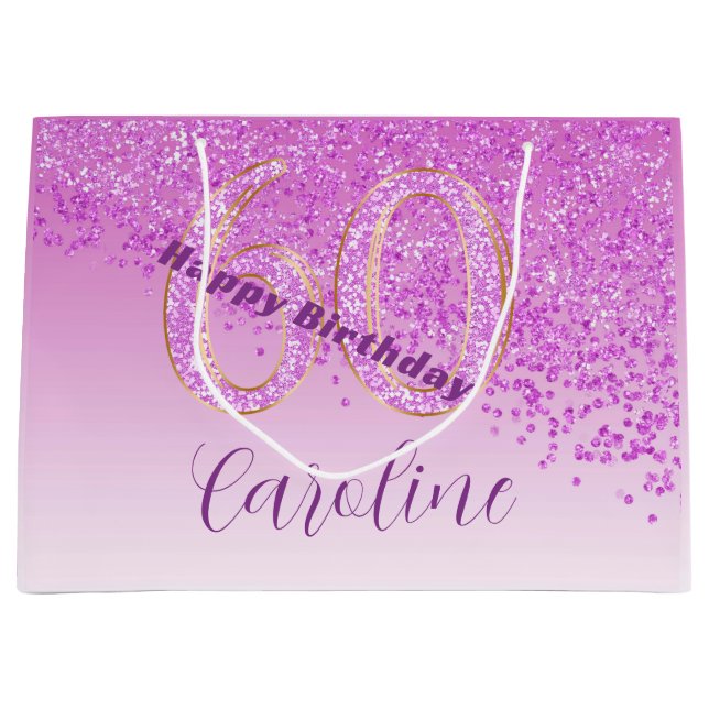Hübsch Falling Pink Glitzer 60. Geburtstag Große Geschenktüte (Vorderseite)