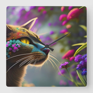Hübsch Fantasy Blume Cat Quadratische Wanduhr