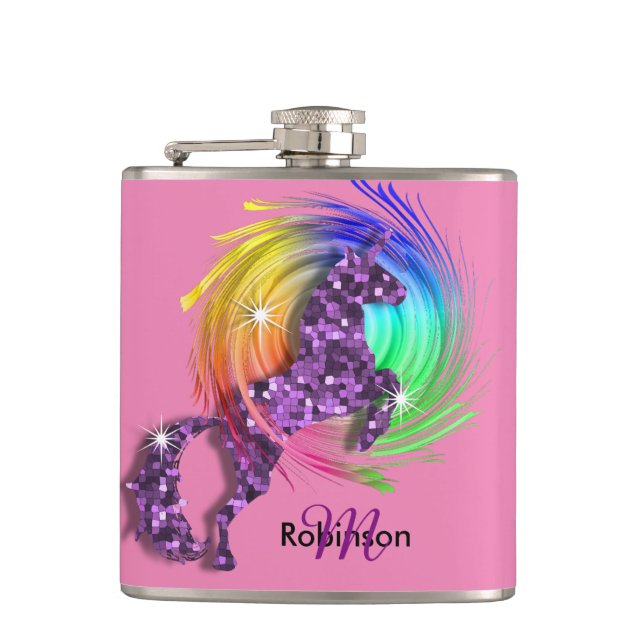 Hübsch Fantasy Rainbow Unicorn Personalisiert Flachmann (Vorderseite)