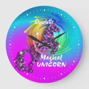 Hübsch Fantasy Rainbow Unicorn Personalisiert Große Wanduhr