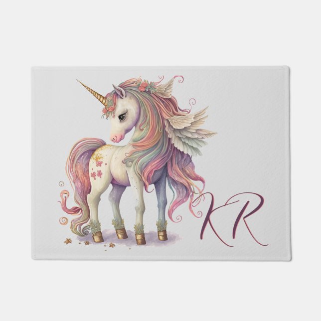 Hübsch Fantasy Unicorn Rainbow Pastel Initialen Fußmatte (Vorderseite)