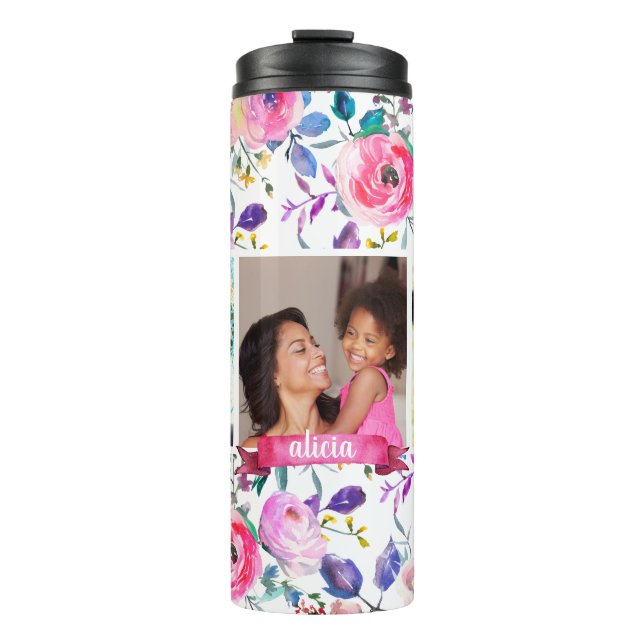Hübsch Floral 3 Foto Monogramm Thermosbecher (Vorderseite)