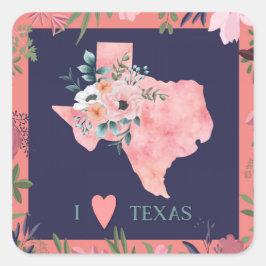Hübsch Floral I Liebe Texas Staat Karte Quadratischer Aufkleber