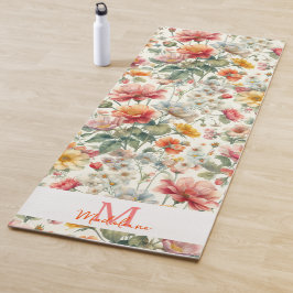 Hübsch Floral Orange Coral Pink Boho Name Monogram Yogamatte