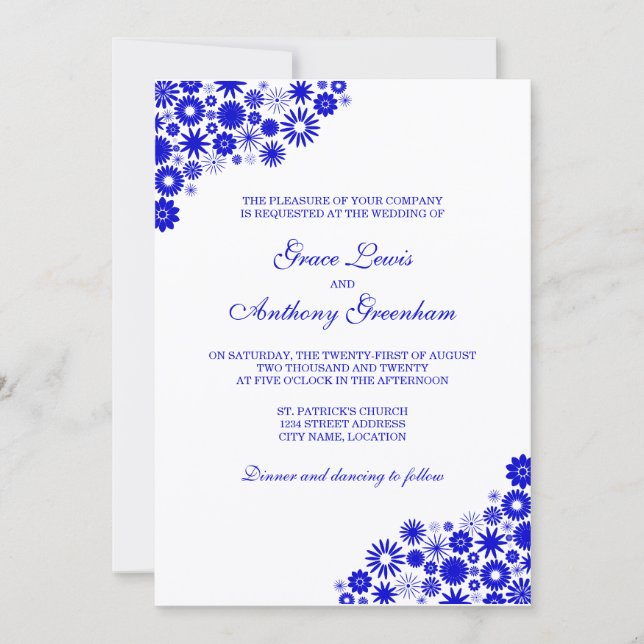 Hübsch Florals Royal Blue Wedding Einladung (Vorderseite)