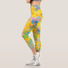 Hübsch-Gelb-Rot-Blume mit Türkis Capri Leggings