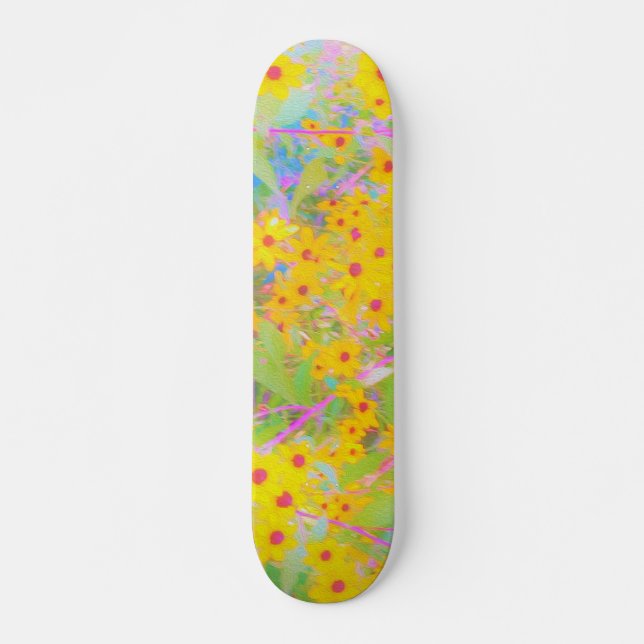 Hübsch-Gelb-Rot-Blume mit Türkis Skateboard (Vorne)