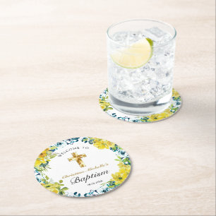 Hübsch Gelbe Blütengold-Cross-Taufe Willkommen Runder Pappuntersetzer