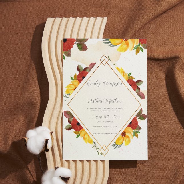Hübsch-gelbe Rot-Rustikale Blumenhochzeit Magnetkarte (Pretty Yellow Red Rustic Watercolor Floral Wedding Invitation)