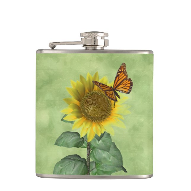 Hübsch Gelbe Sonnenblume und Orangenschmetterling Flachmann (Vorderseite)