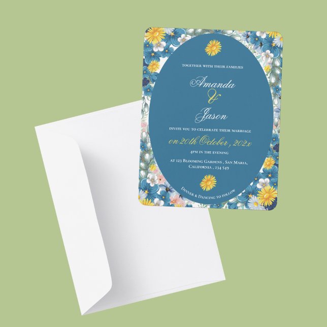 Hübsch Gelbe Sonnenblume Weiße Blütenblume Hochzei Einladung (Pretty Yellow Sunflower White Blue Floral Wedding Invitation)