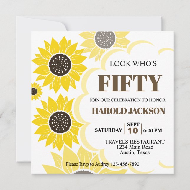 Hübsch Gelbe Sonnenblumen jeden Alters Geburtstag Einladung (Vorderseite)