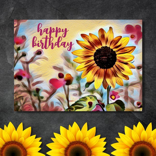 Hübsch Gelbe Sonnenblumen und rosa Blume Geburtsta Karte (Front - Pretty Yellow Sunflower and Pink Flowers Birthday Card)