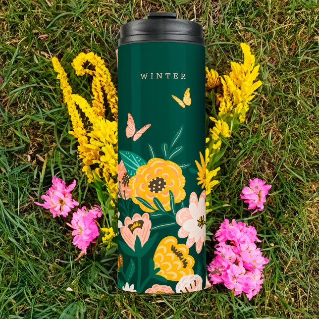 Hübsch Gelbe Sonnenblumen Wildblumen & Schmetterli Thermosbecher (Pretty Yellow Sunflower Wildflowers & Butterflies Thermal Tumbler)